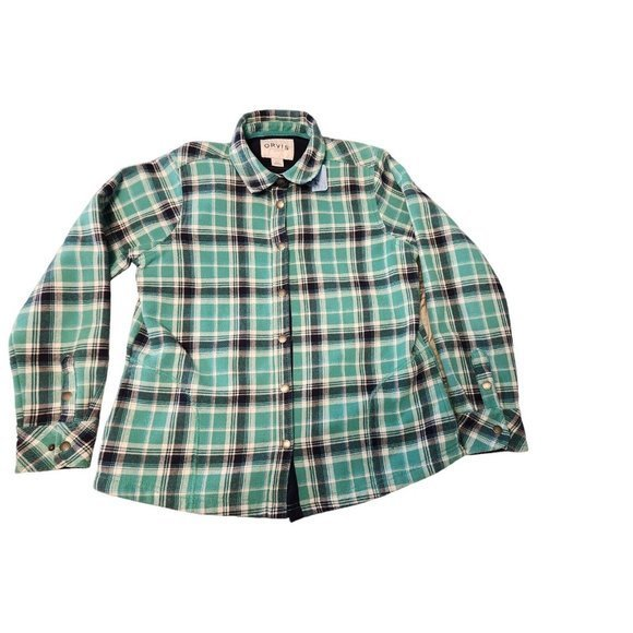 Orvis Flannel Sweater Women's Large‎ Snaps Plaid Greenish Blue - Picture 1 of 5